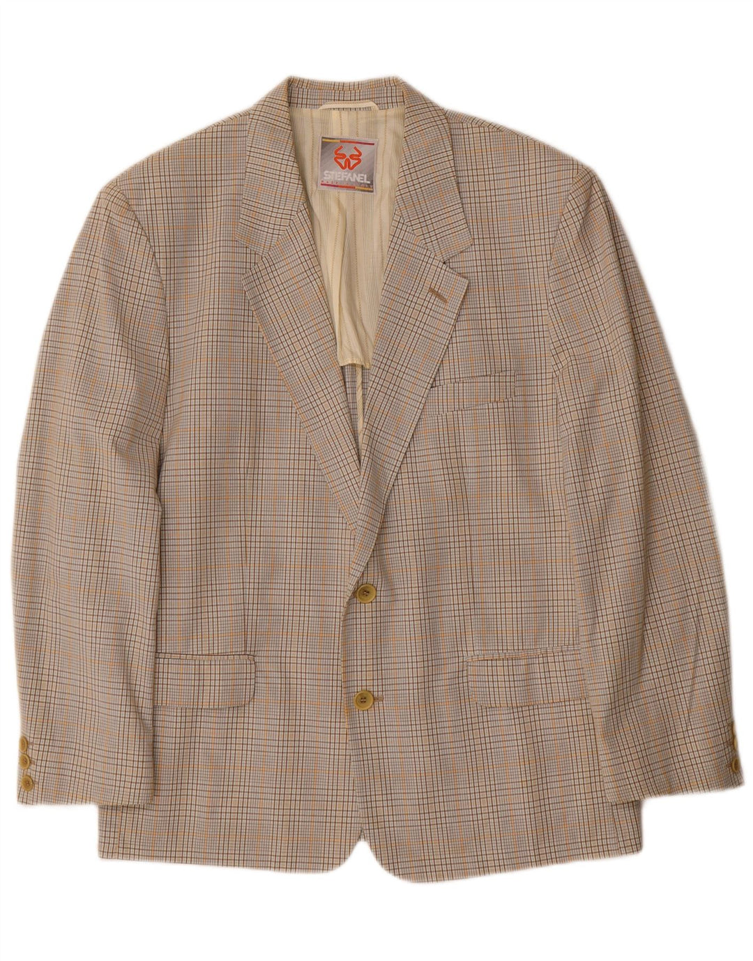 Stefanel Herre 2-knaps blazerjakke IT 48 Medium Beige ternet bomuld