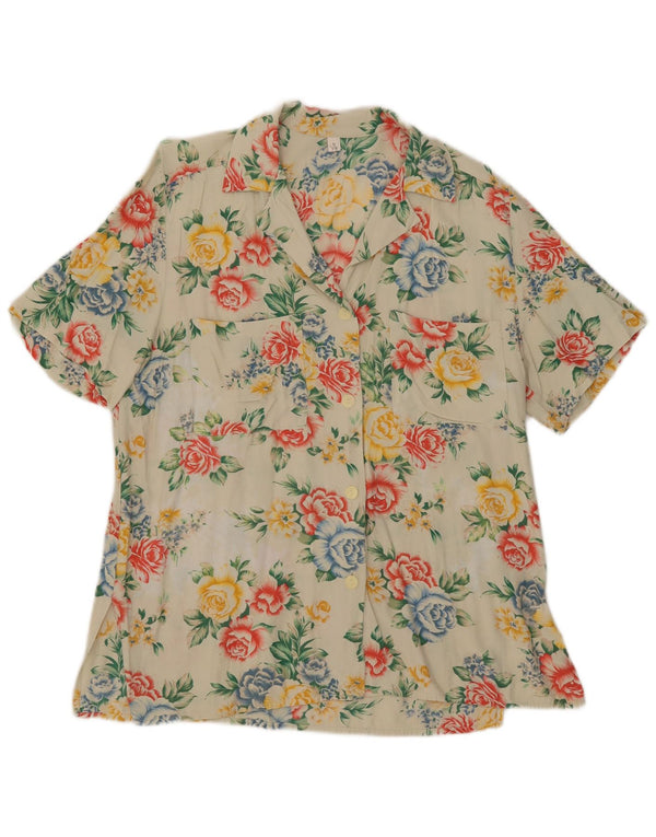 Vintage Kvinder Kortærmet Oversized Skjorte Bluse UK 10 Small Beige Floral