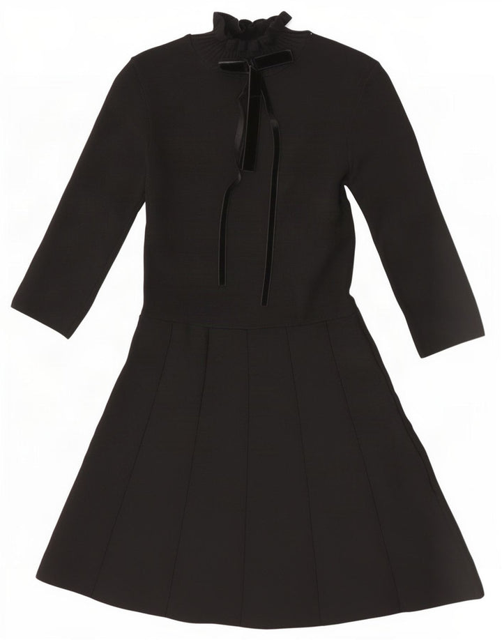 Zara Dame 3/4 ærmet A-line Kjole UK 12 Medium Sort Polyamid