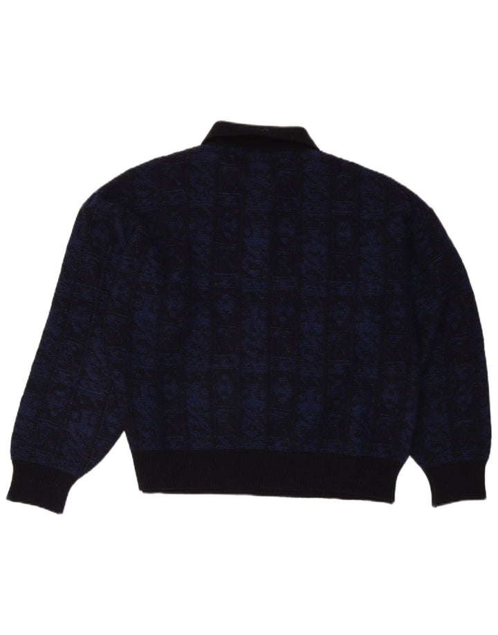Aeffe Herre Polo Neck Jumper Sweater IT 50 Medium Marineblå Geometrisk Uld