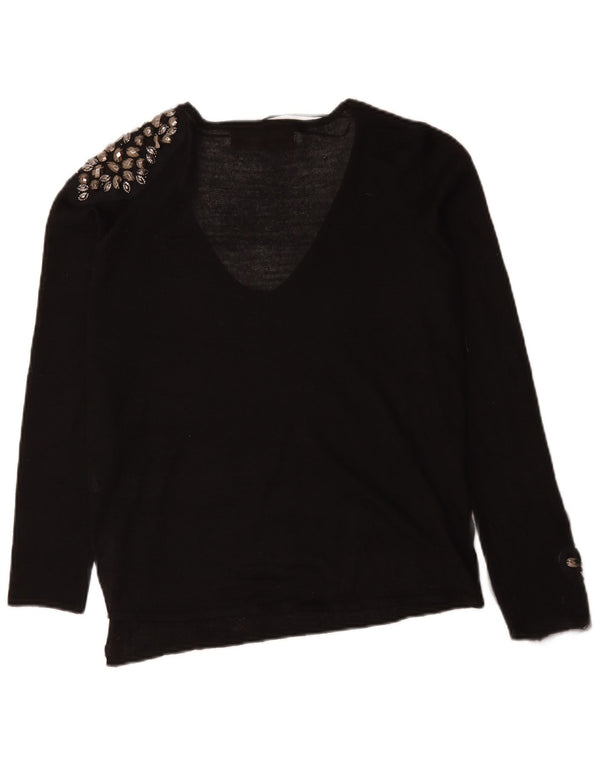 Zara Dame V-hals sweater UK 16 Stor Sort Plettet