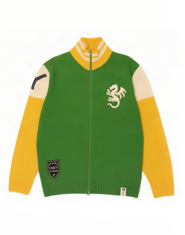 Vintage Herre grafisk cardigan sweater Stor grøn farveblok lammeuld