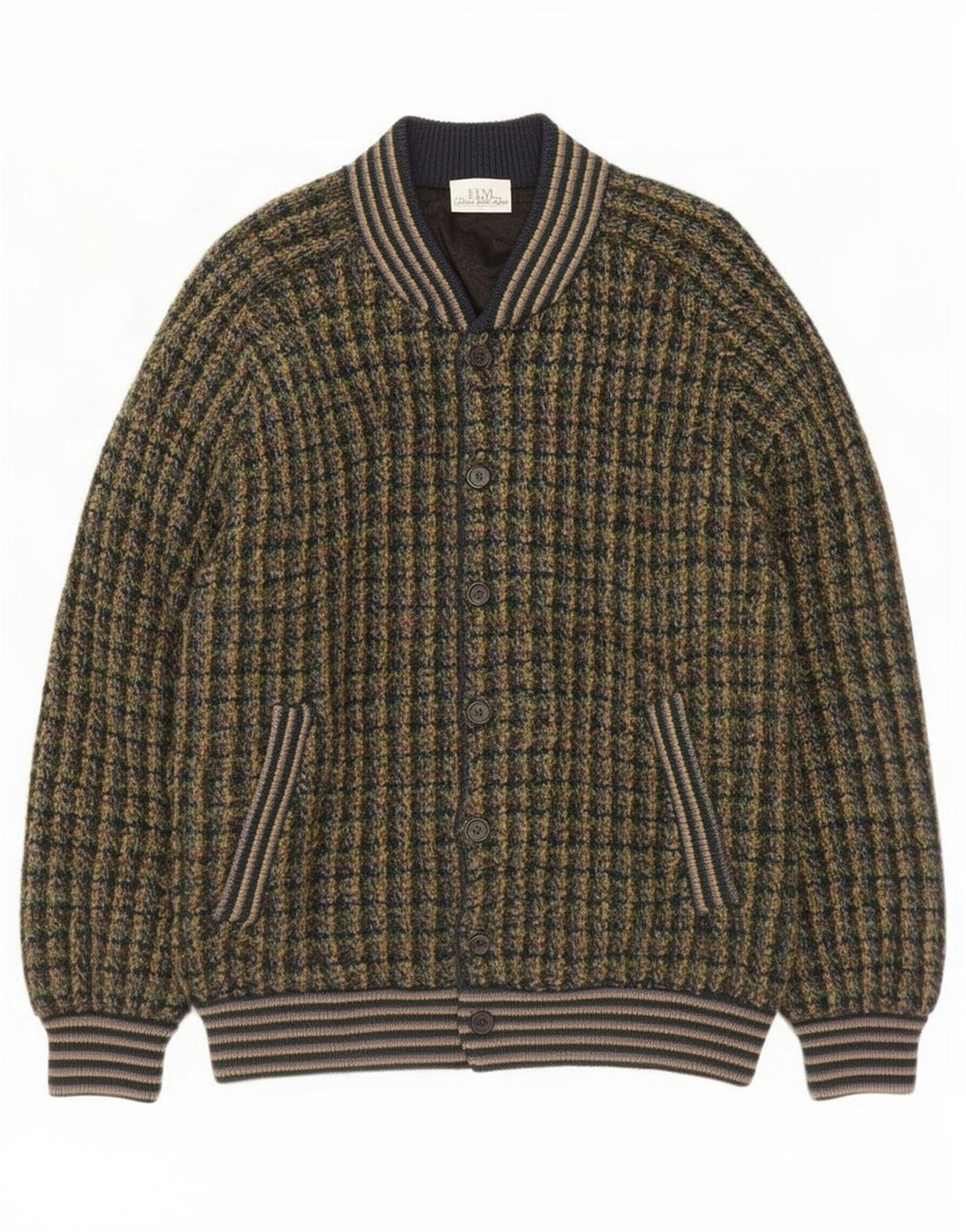 Vintage strik bomberjakke til mænd 3XL flerfarvet flækket jomfruuld