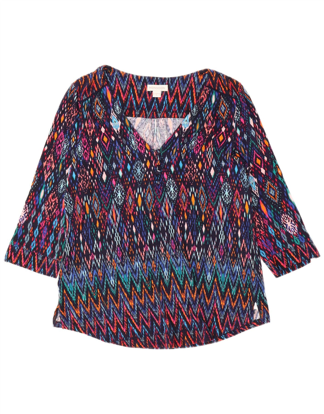 MONSOON Dame 3/4 ærmet bluse Top UK 10 Small Multicolored Ikat