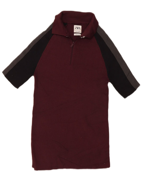 Zara Muscle Polo Shirt Large Burgundy Colourblock Polyamid