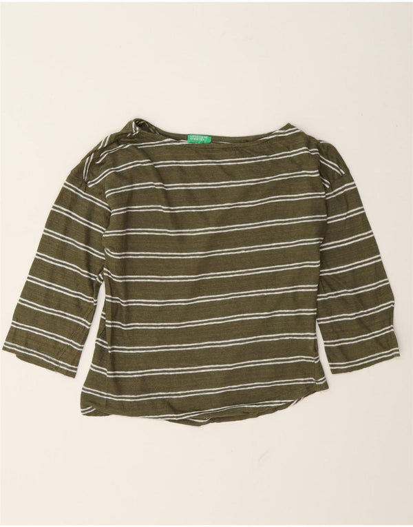 Benetton Womens Oversized Top 3/4 ærme UK 6 XS Grøn Stribet hør