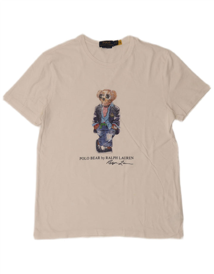 POLO RALPH LAUREN Herre Slim Fit Grafisk T-Shirt Top Medium Hvid Bomuld