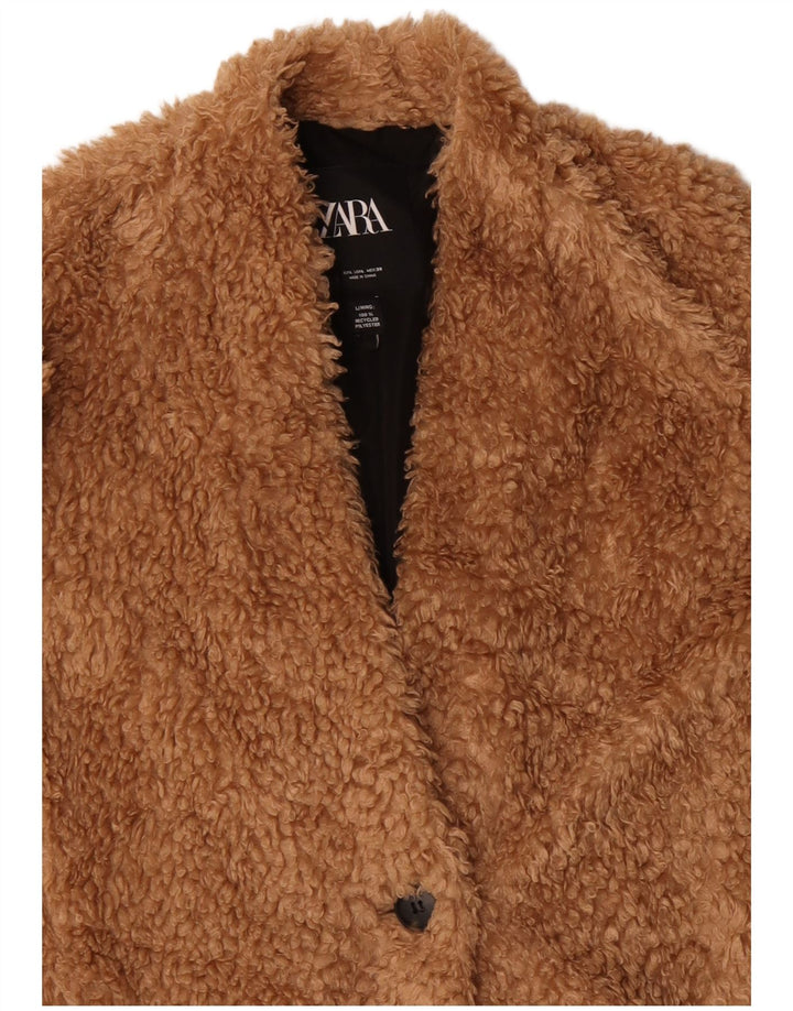 ZARA Damebamse imiteret Pelsoverfrakke UK 16 Stor Beige Polyester