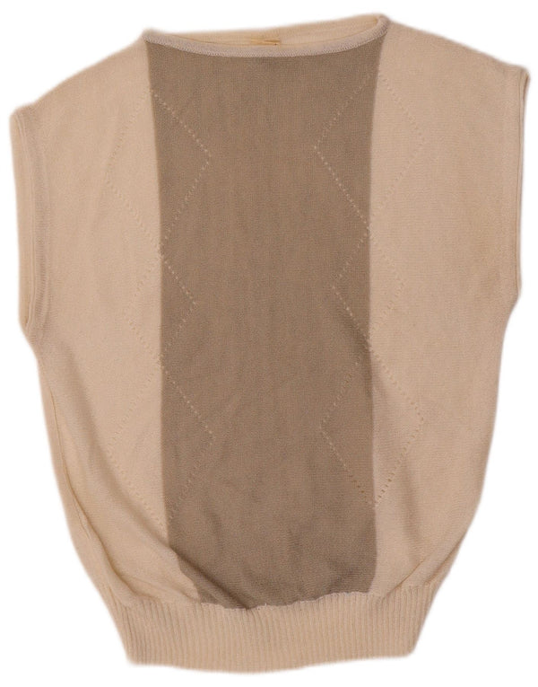 Vintage Dame Vest Tank Top UK 14 Large Off White Colourblock Bomuld