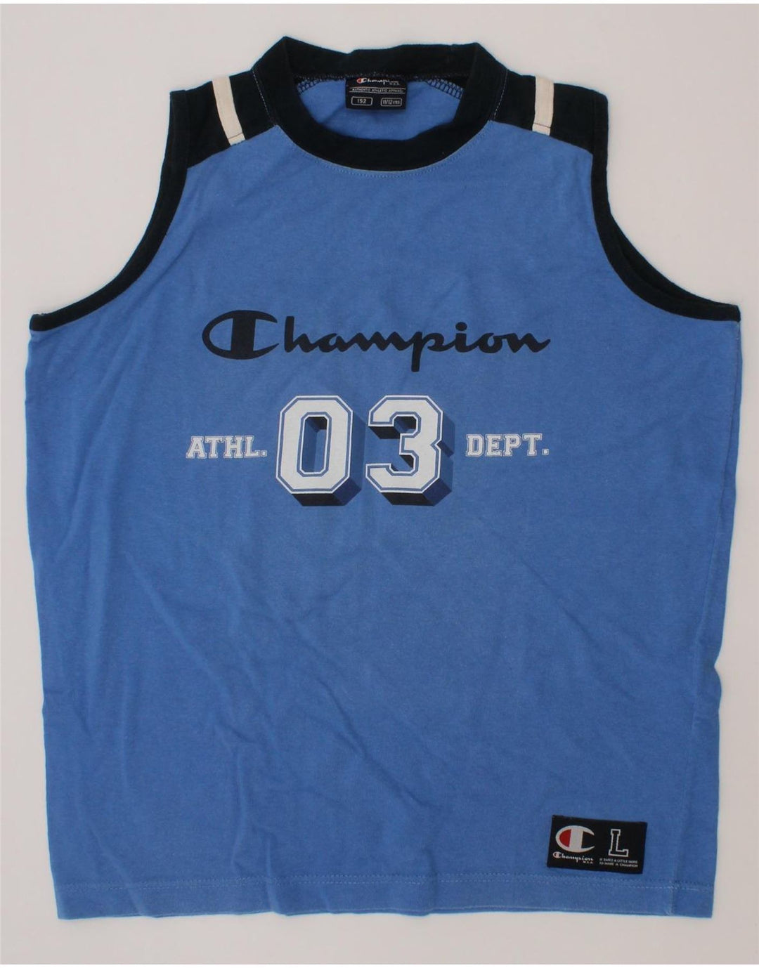CHAMPION Boys Graphic Vest Top 11-12 Years Blue Cotton Vintage Champion and Second-Hand Champion from Messina Hembry 