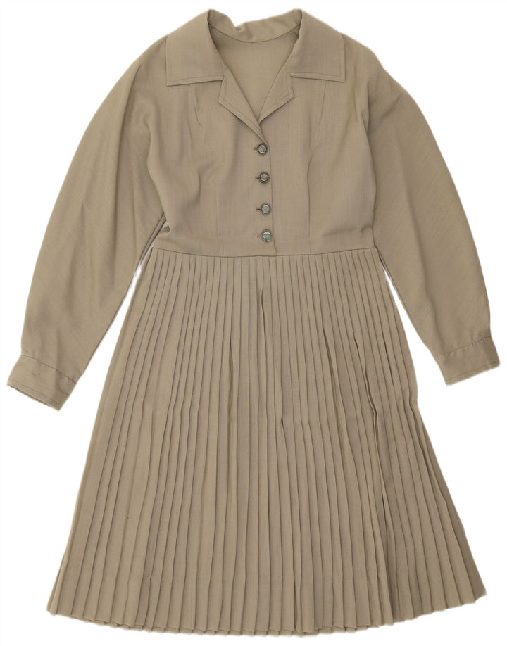 Vintage Dame Langærmet A-Line Kjole UK 12 Medium Khaki