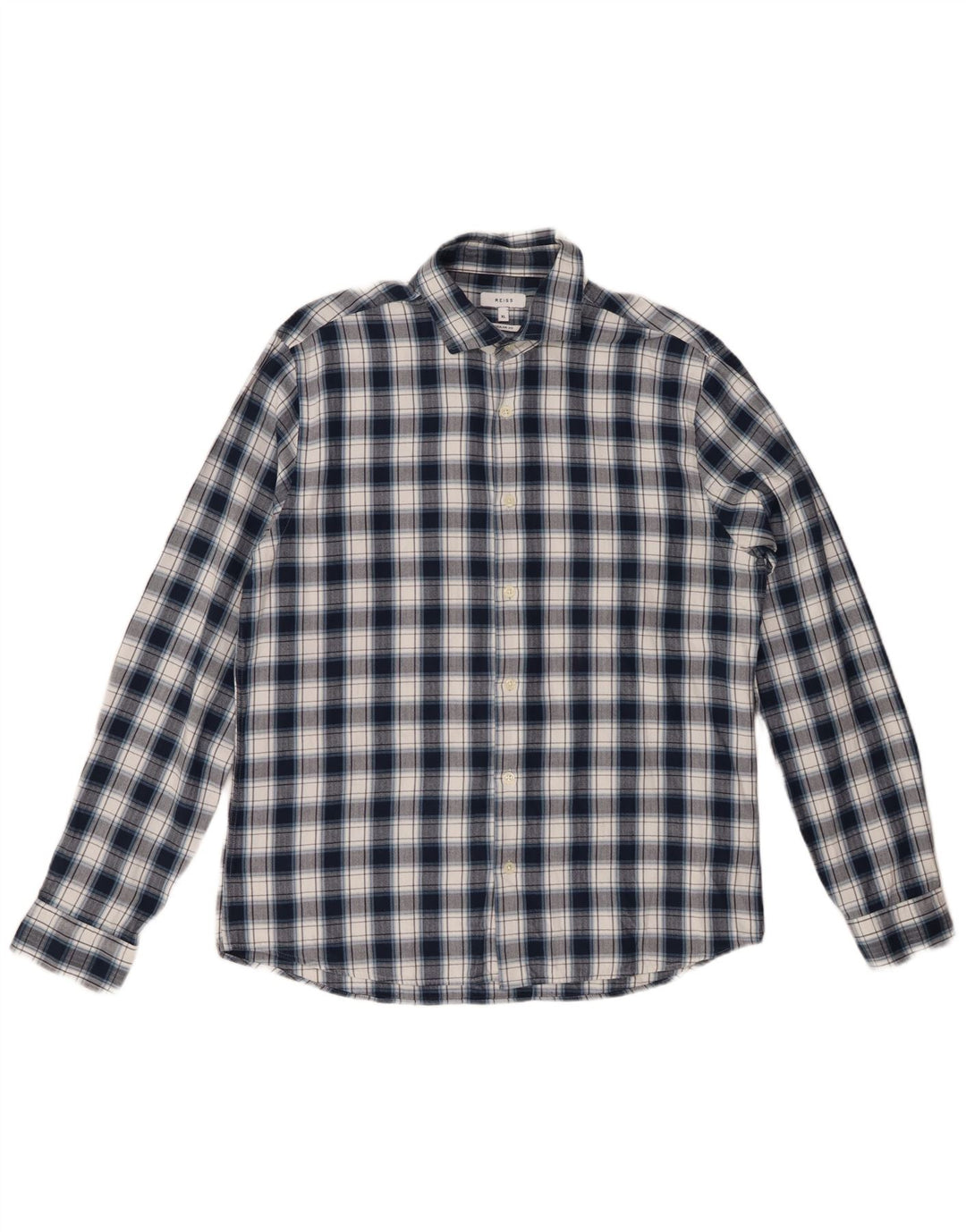 REISS Herre Regular Fit Flannel Shirt XL Marineblå ternet bomuld