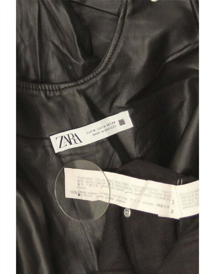 Zara Dame Ærmeløs Jumpsuit i imiteret læder UK 14 Medium Sort Polyester