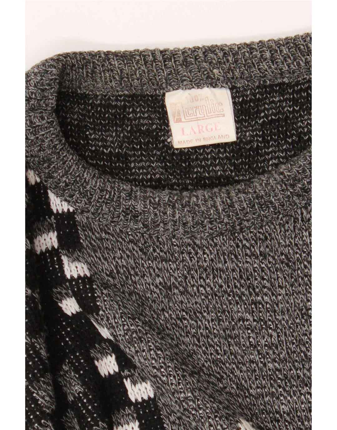 Vintage herre V-hals sweater stor grå geometrisk akryl