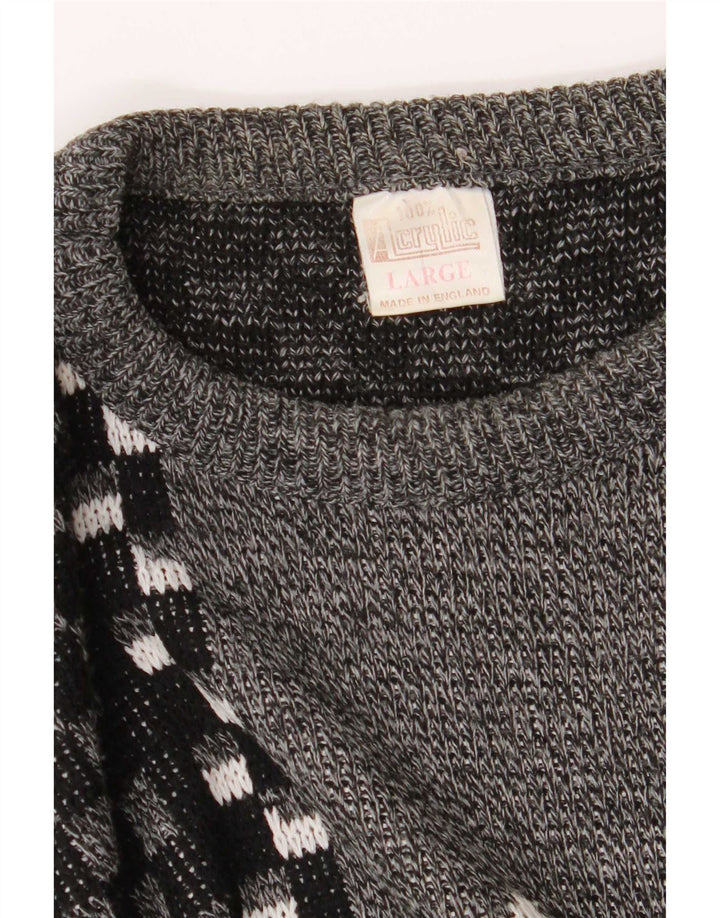 Vintage herre V-hals sweater stor grå geometrisk akryl