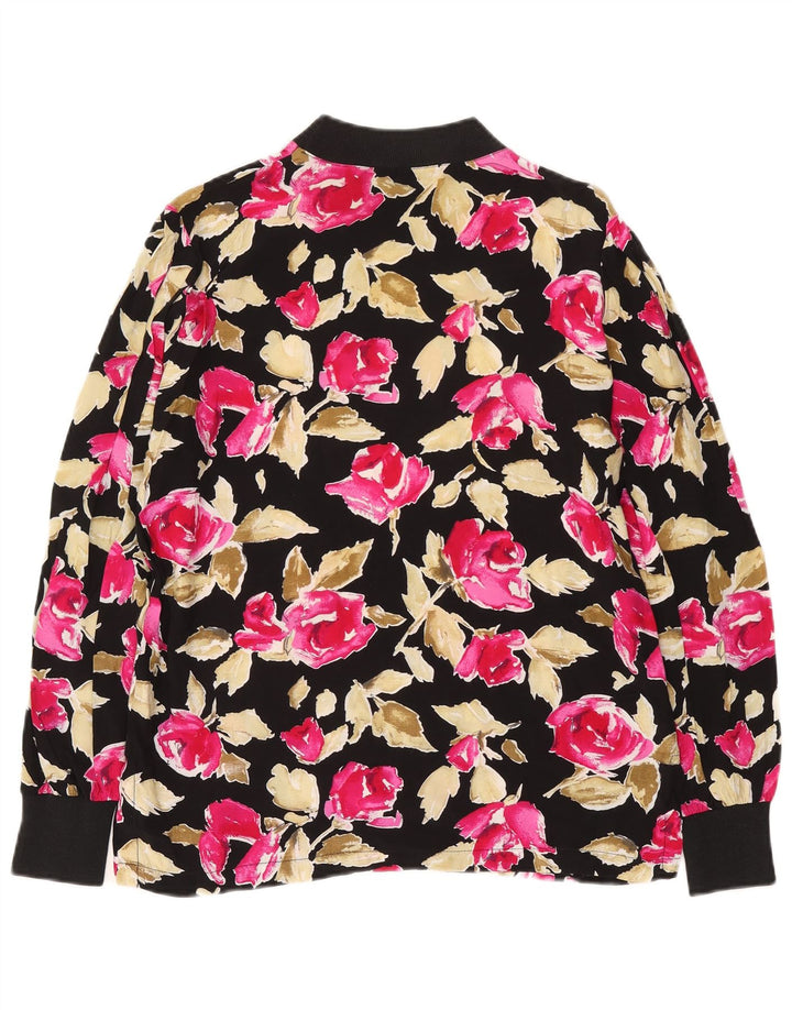 Vintage Dame Top Langærmet UK 14 Medium Black Floral Viscose