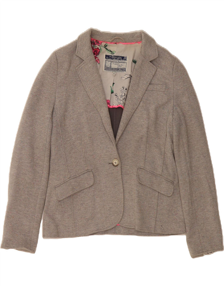 JOULES Womens 1 Button Blazer Jacket UK 14 Large Grey Herringbone Cotton Vintage Joules and Second-Hand Joules from Messina Hembry 
