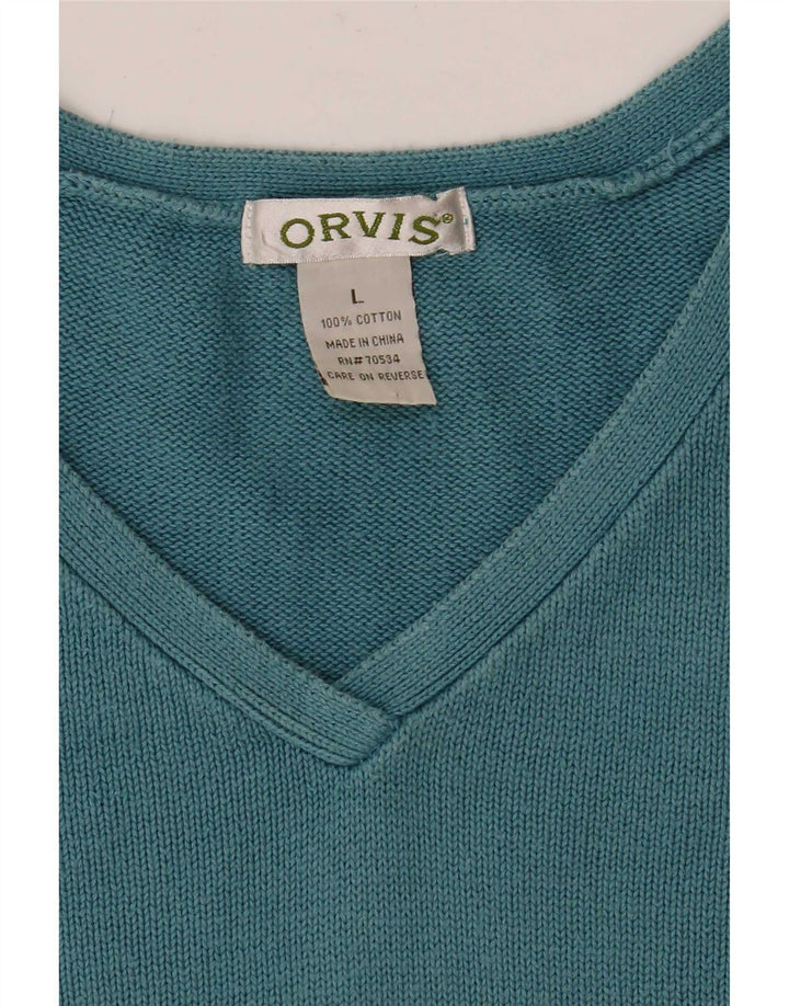 Orvis Dame V-hals sweater UK 14 Stor Blå Bomuld
