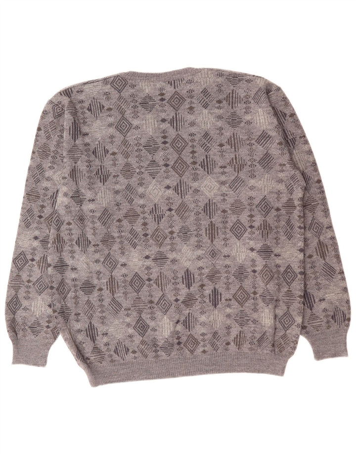 VINTAGE Herre V-hals sweater XL Grå Geometrisk