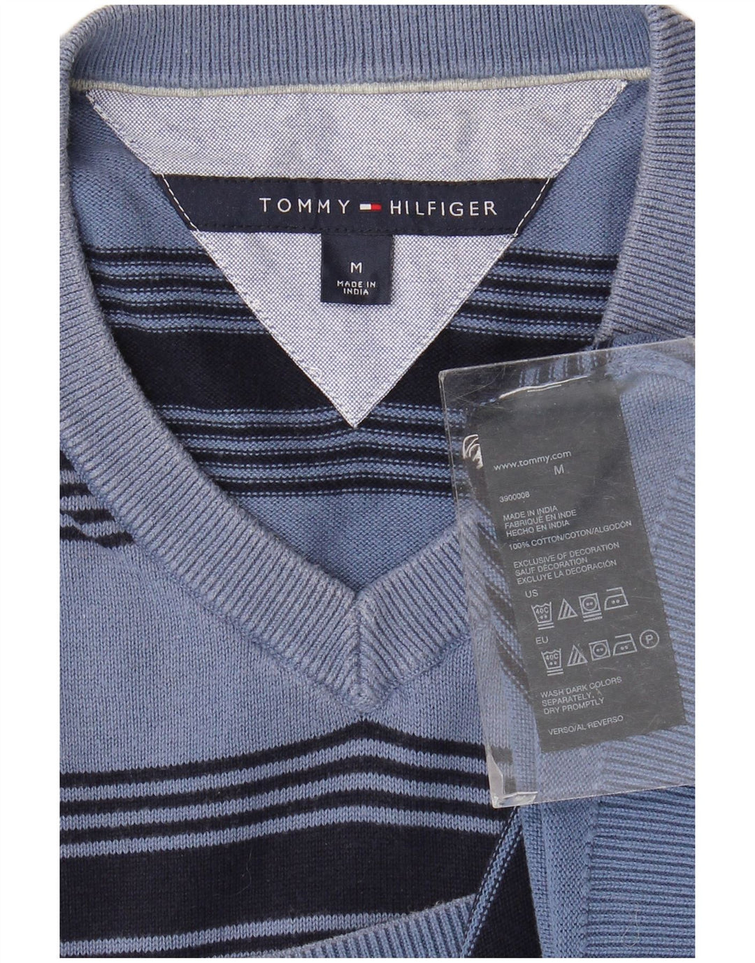 TOMMY HILFIGER Herre V-hals sweater mellemblå stribet bomuld