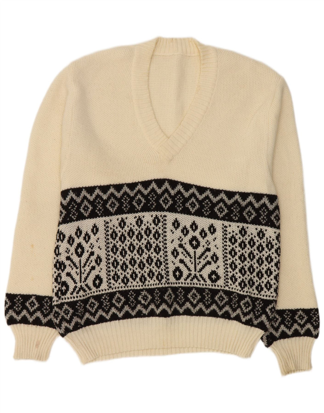 Vintage Herre V-hals sweater Medium Hvid Geometrisk