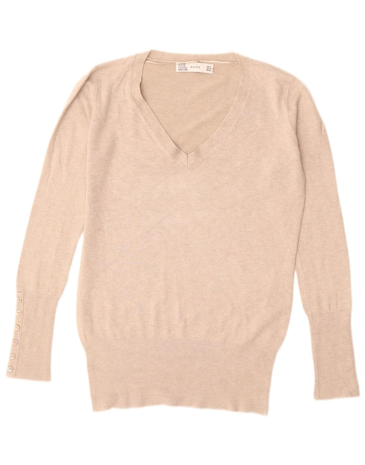 ZARA Dame V-hals sweater UK 12 Medium Beige