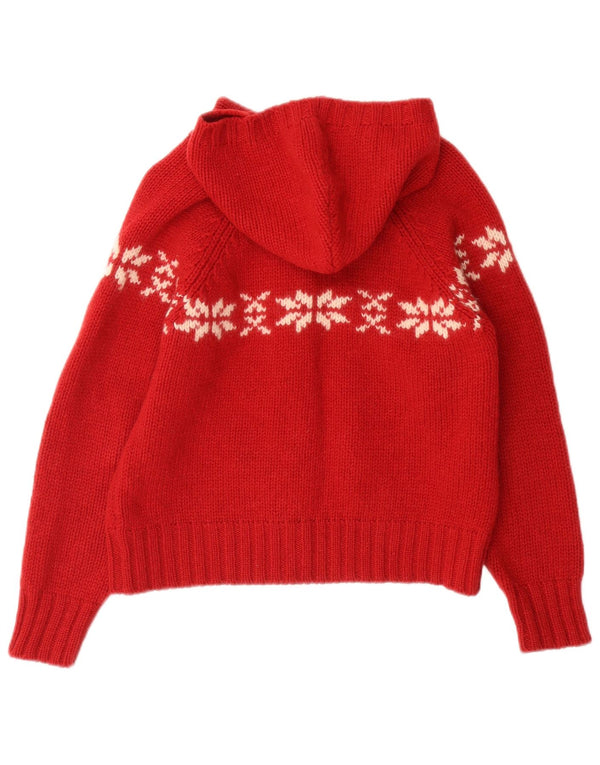 Vintage Womens Hooded Cardigan Sweater UK 10 Small Red Fair Isle Wool