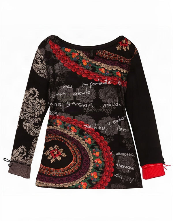 Desigual Womens Graphic Top Long Sleeve UK 14 Large Black Floral Cotton