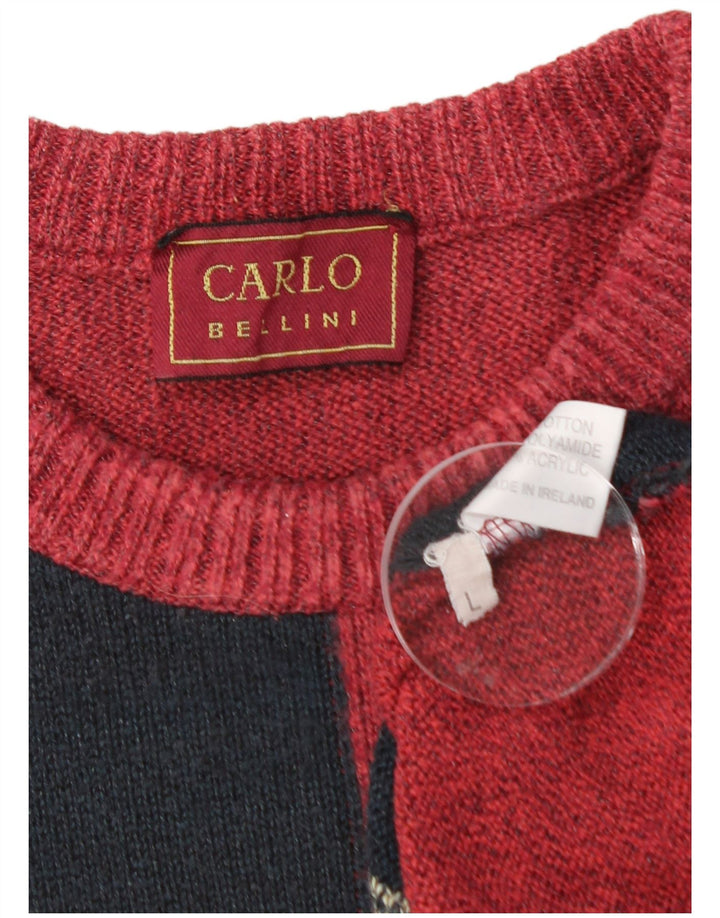 CARLO Mens Crew Neck Jumper Sweater Large Red Colourblock Cotton