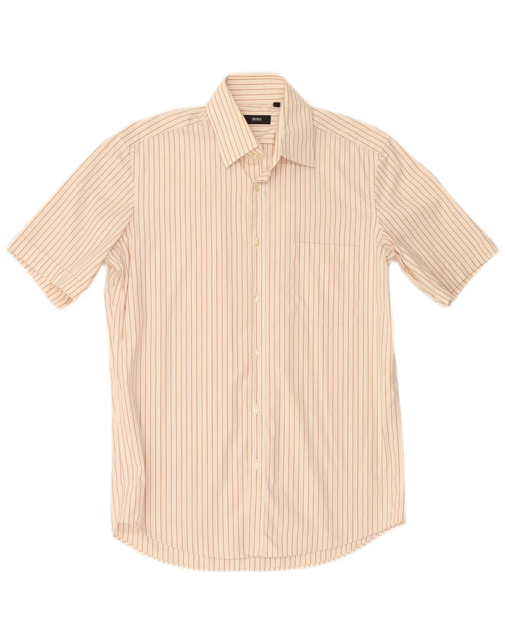 HUGO BOSS Mens Short Sleeve Shirt Size 39 15 1/2 Medium Beige Striped