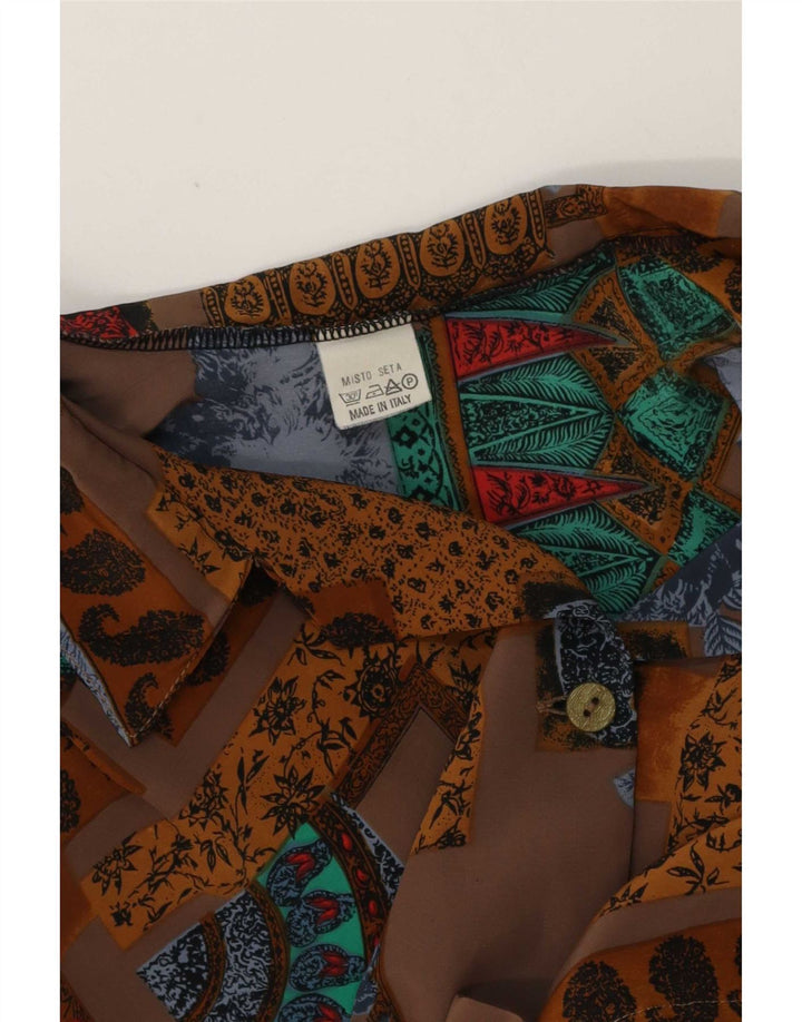 Vintage kvinders kortærmet skjortebluse UK 20 2XL brun patchwork silke