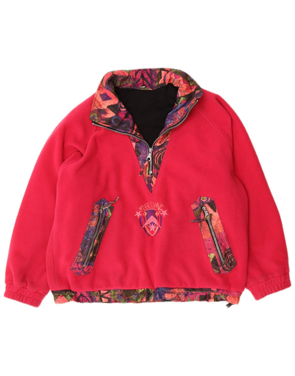Vintage Dame Oversized Zip Neck Fleece Jumper UK 14 Medium Pink Geometrisk