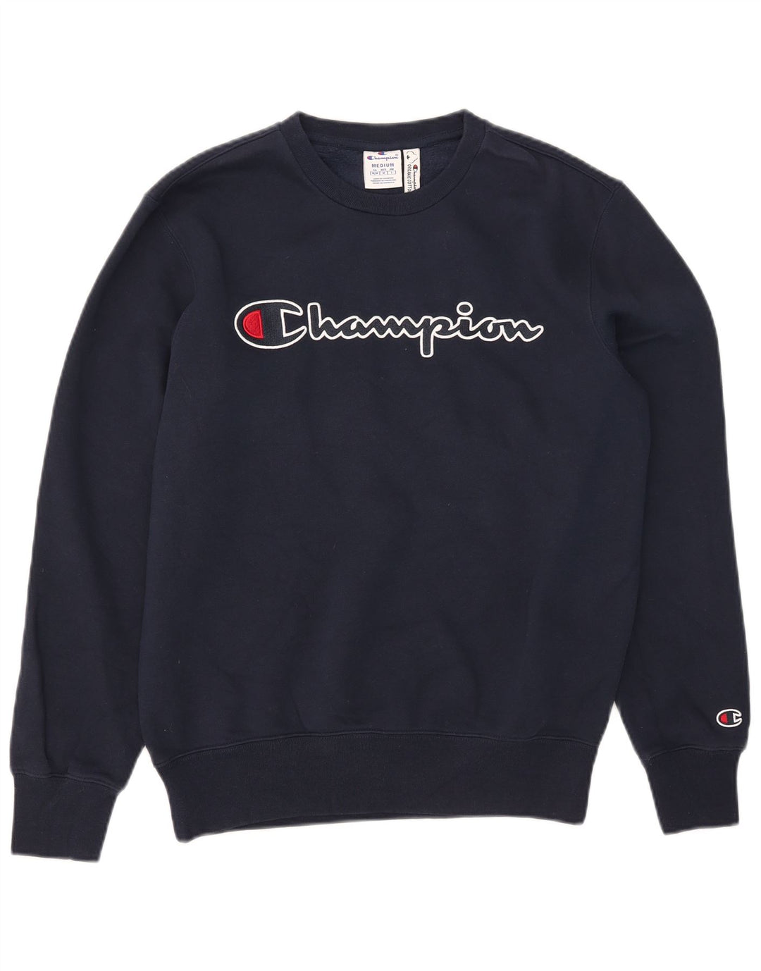 Champion Dame Grafisk Sweatshirt Jumper UK 14 Medium Navyblå Bomuld