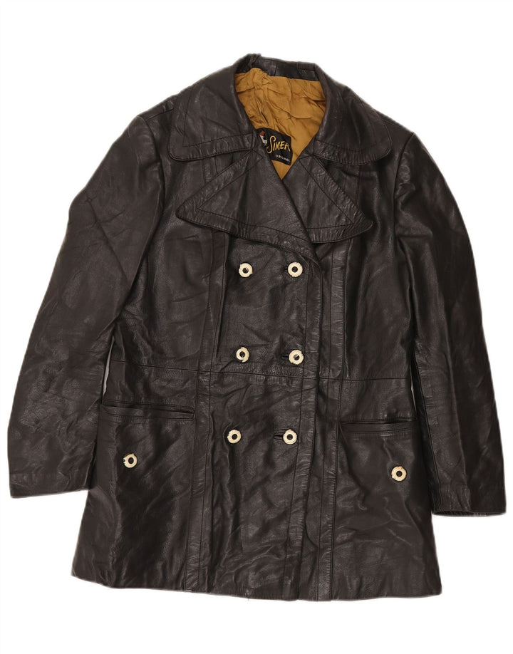VINTAGE Dobbeltradet læderjakke til kvinder UK 12 Medium Sort