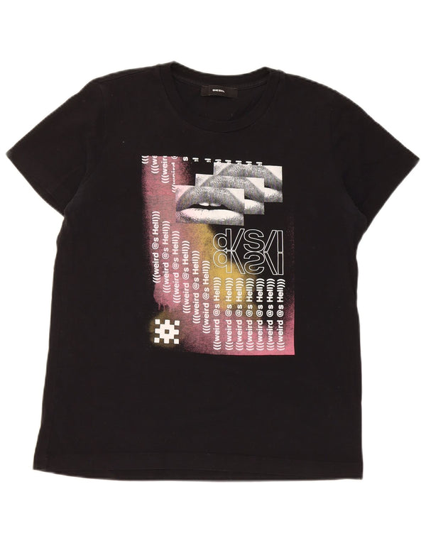 Diesel Dame Grafisk T-Shirt Top UK 10 Small Black Bomuld
