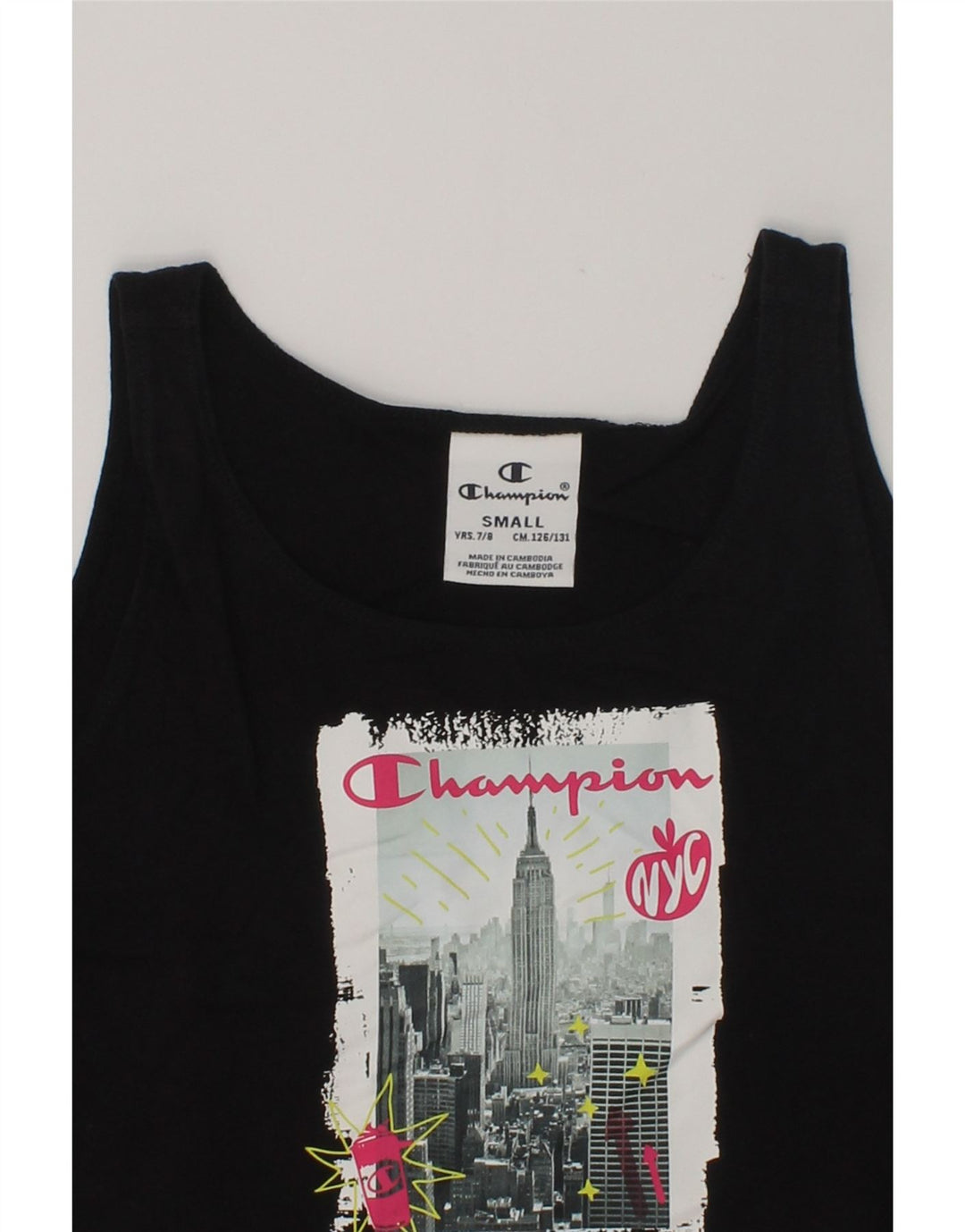 CHAMPION Girls Graphic Vest Top 7-8 Years Small Black | Vintage Champion | Thrift | Second-Hand Champion | Used Clothing | Messina Hembry 