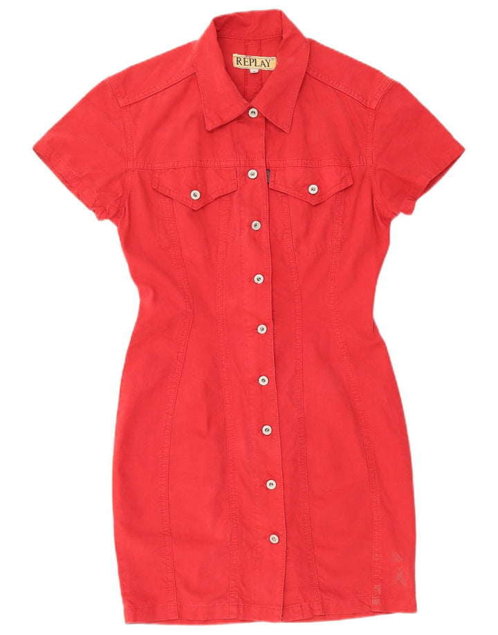 Replay Dame Kortærmet Denim Shirt Dress UK 12 Medium Red