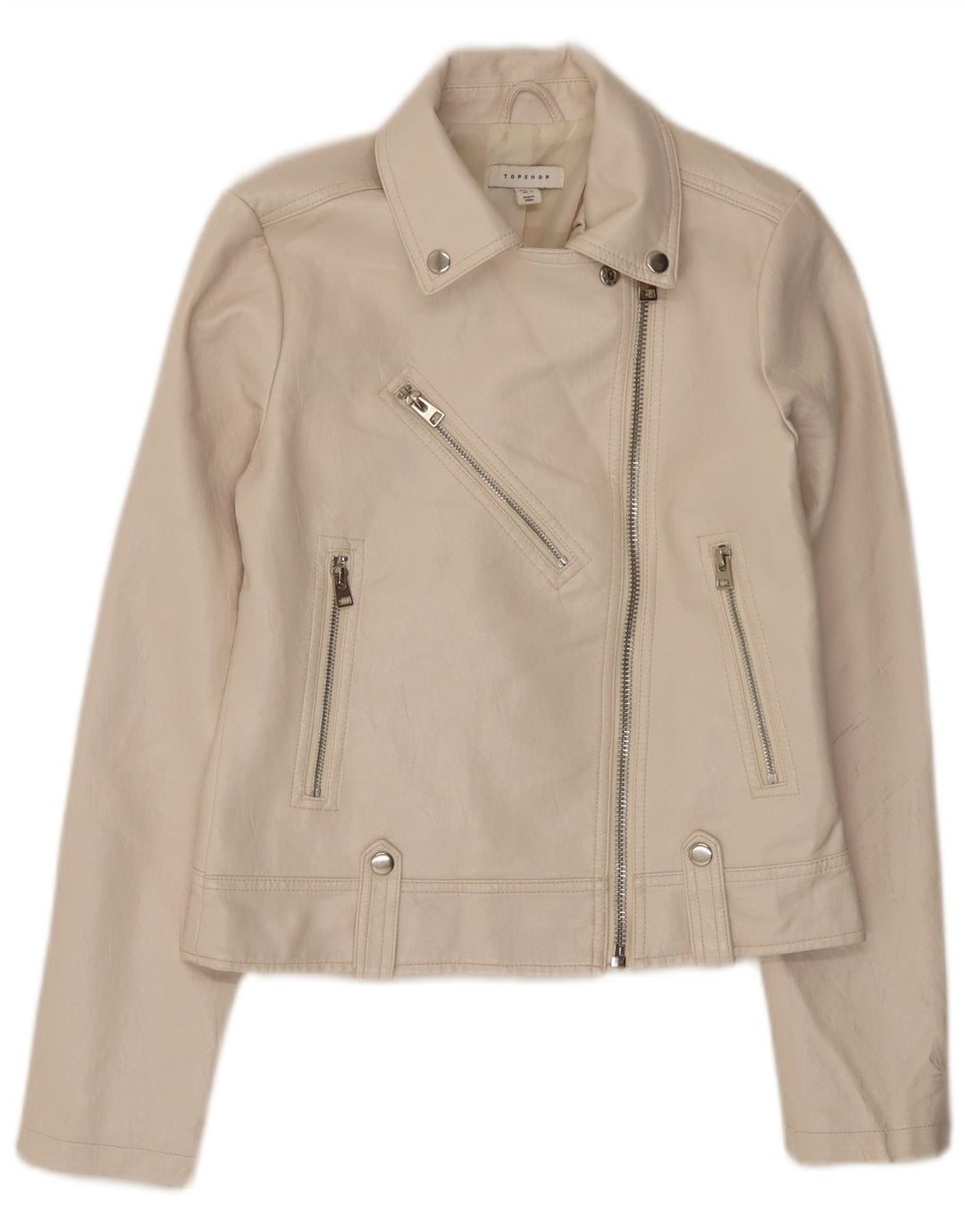 Topshop Biker-jakke i imiteret læder til kvinder UK 8 Small Off White Polyurethane