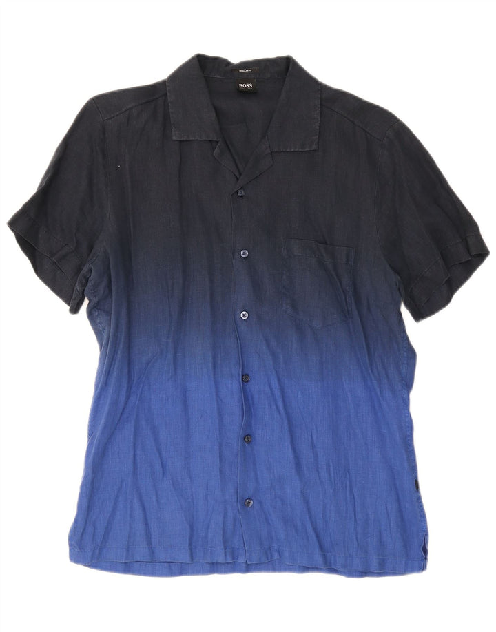 Hugo Boss Kortærmet Herreskjorte Medium Navy Blue Colourblock Linen