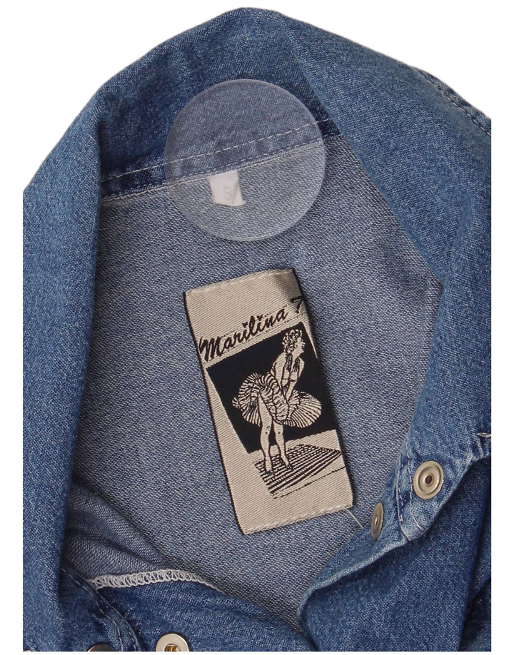 Vintage ærmeløs denimskjorte til kvinder UK 10 Small Blue