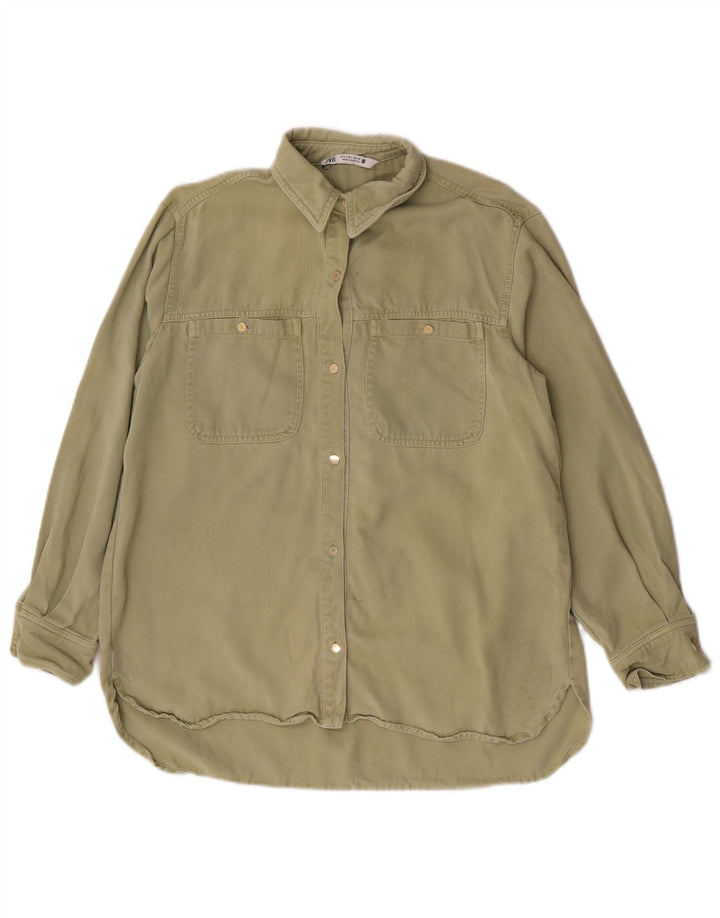 Zara Dame Oversized Denim Shirt UK 10 Small Khaki Lyocell
