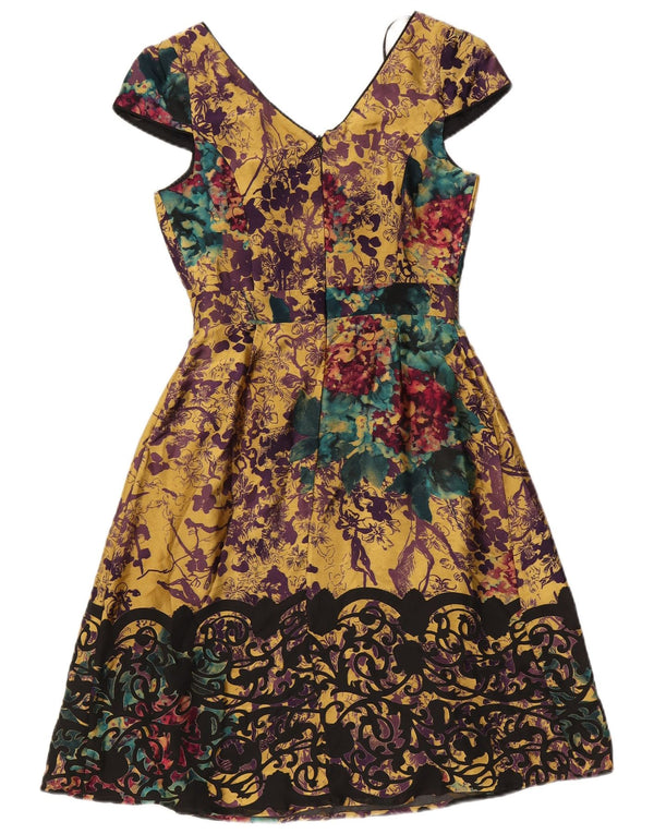 Monsoon Dame A-Line Kjole UK 8 Small Yellow Floral Viscose