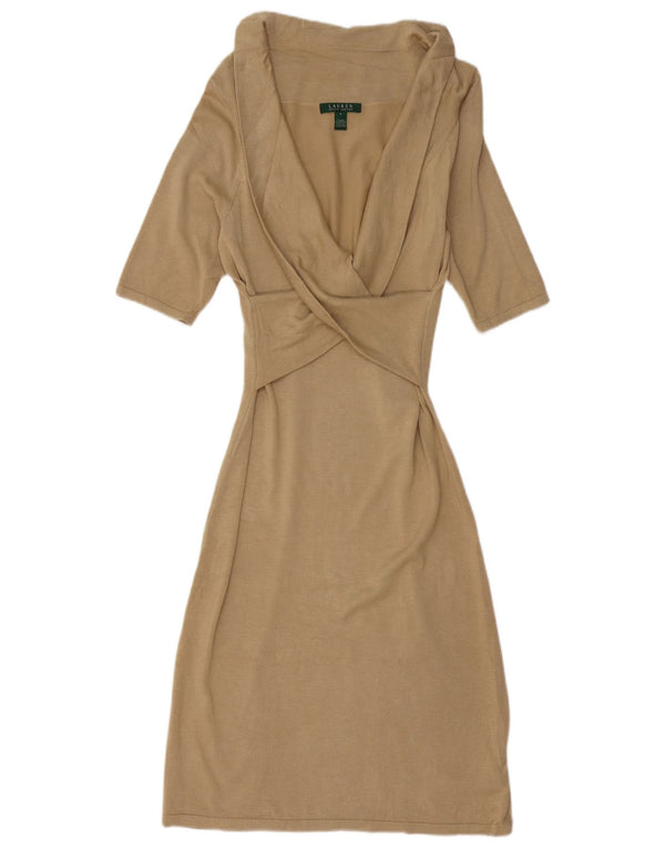 RALPH LAUREN Dame 1/2-ærmet Jumper Dress UK 10 Small Beige Silke