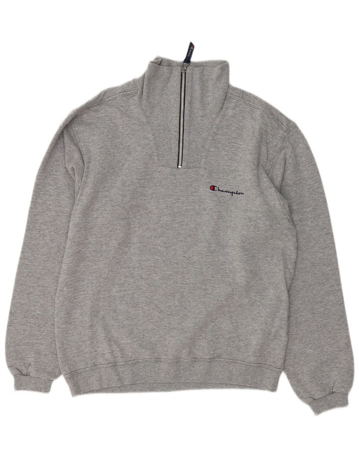 Champion Herre Zip Neck Sweatshirt Jumper Small Grå Flecked Bomuld
