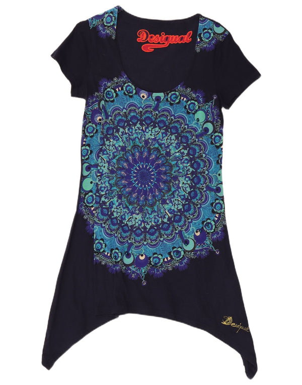 Desigual Dame Asymmetrisk Tunika Top UK 14 Large Navy Blue Floral