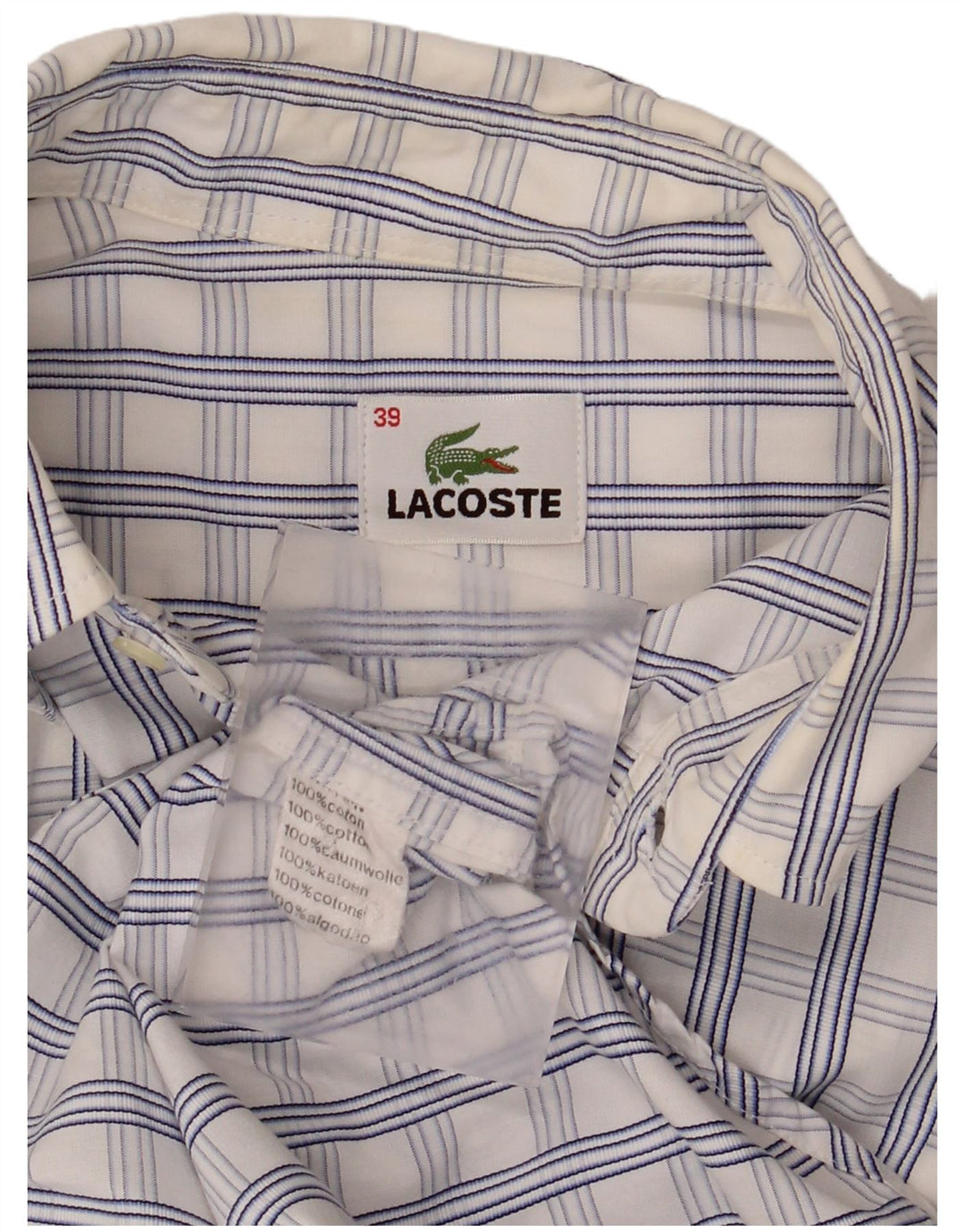 Lacoste Herre kortærmet skjorte størrelse 39 Medium hvid ternet bomuld