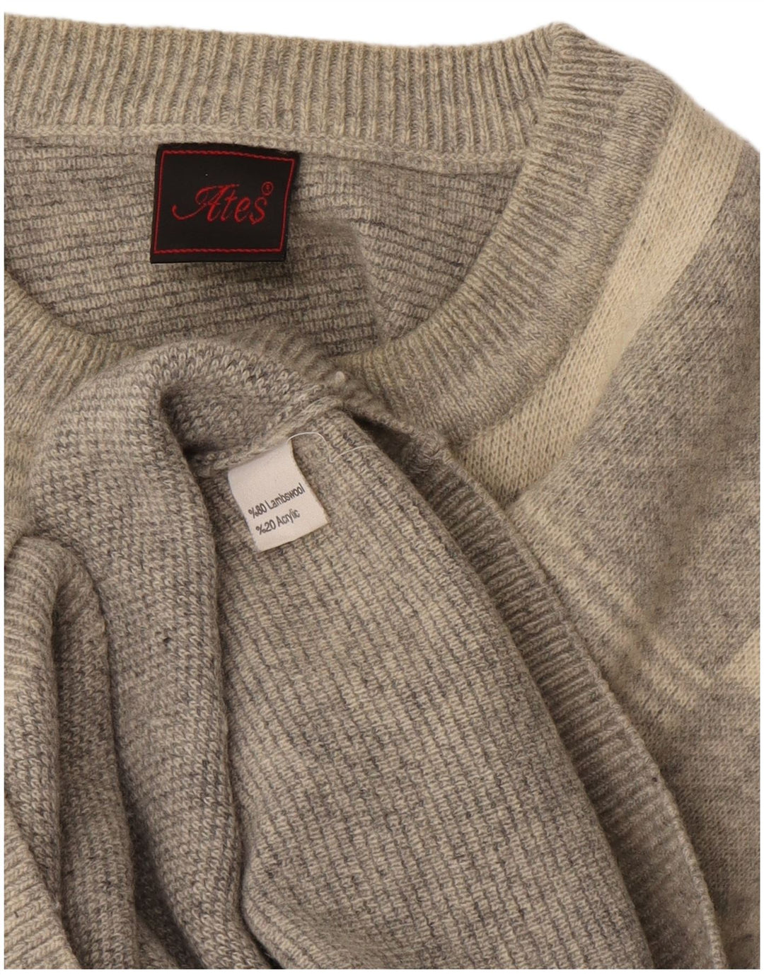 Vintage herre sweater med rund hals XL grå ternet lammeuld