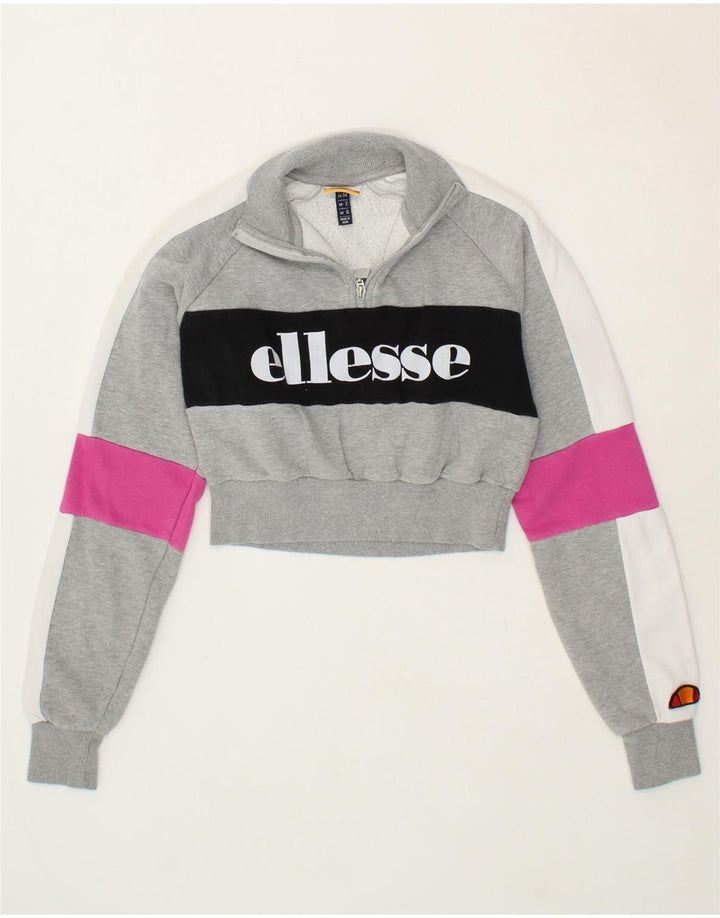 ELLESSE Womens Oversized Graphic Zip Neck Sweatshirt Jumper UK 6 XS Grey Vintage Ellesse and Second-Hand Ellesse from Messina Hembry 