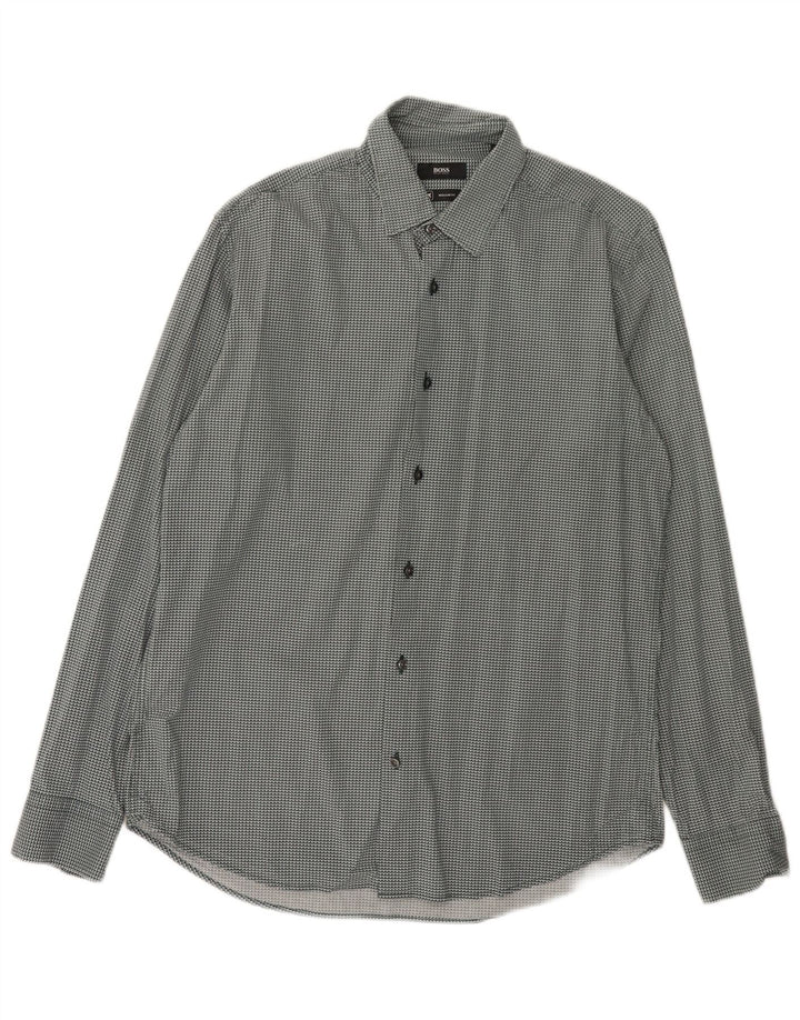 Hugo Boss Herre Regular Fit Skjorte Størrelse 40 15 3/4 Medium Grøn Geometrisk