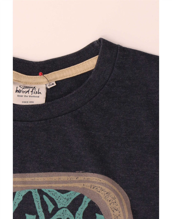 Weird Fish Herre grafisk T-shirt Top Medium Marineblå Bomuld